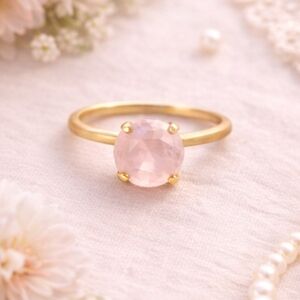 Rose Quartz Gold Tone Ring – Faceted Pink Gemstone Statement Ring